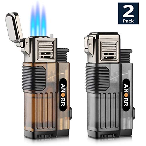 [2-Pack] Torch Lighter, Cigar Cigarette Lighter Adjustable 3 Jet Flame Refillable Butane Lighter w/Punch Cutter