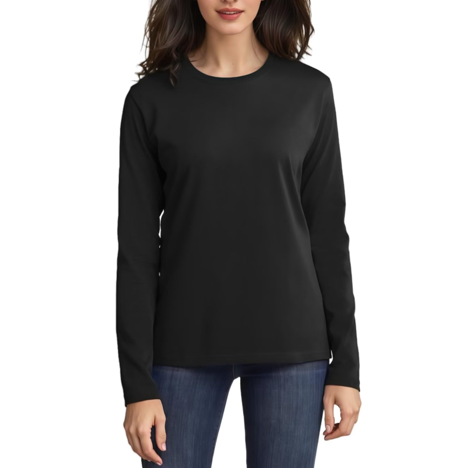 Photo 1 of 100 Percent Cotton T Shirts for Women Basic Long-Sleeve Crew-Neck Undershirt for Leggings Business Casual Blouse Spring Fashion Clothes Black XL