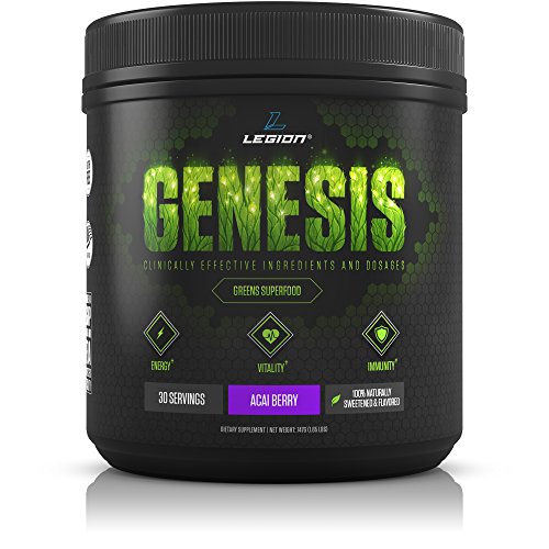 Legion Genesis Green Superfood Powder - With Spirulina, Dandelion, Moringa Oleifera, Maca Powder, Astragalus Root & Reishi Mushroom. All Natural Immune System Booster. Acai Berry, 30 Servings.