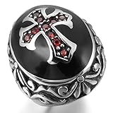 Men's Stainless Steel Ring CZ Silver Black Red Cross Knight Fleur De Lis Oval Vintage