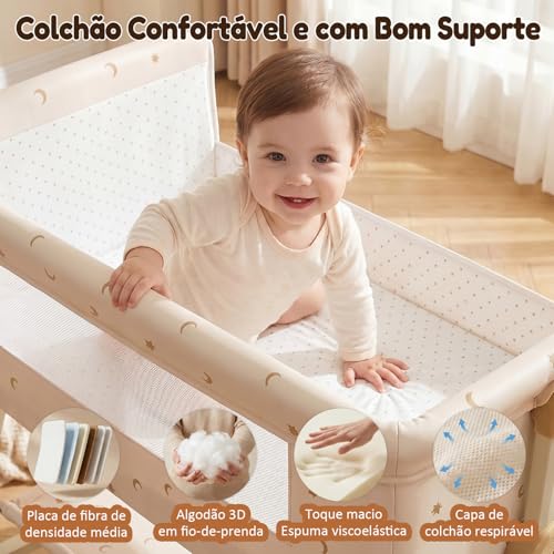 OLANENEM 6 em 1 Berço Portátil, Moises para bebe com Fraldário e Mosquiteiro, Acoplado à Cama com Suporte Triangular de Aço Carbono, 6 Alturas e Inclinação Antirrefluxo 5°(Bege)