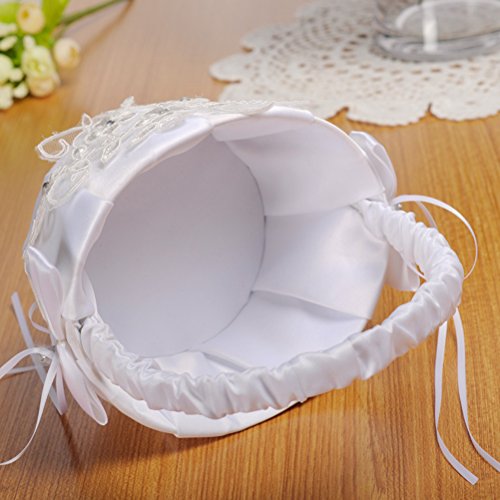 LUOEM White Embroidered Petal Wedding Flower Girl Basket Ceremony Party Lace Bowknot Portable Flower Girl Basket for Wedding Decoration(White)
