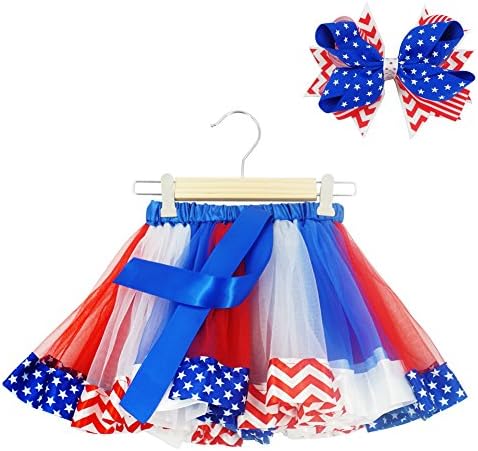 Bingoshine Layered Ballet Tulle Rainbow Tutu Skirt for Little Girls Dress up with Colorful Hair Bows USA Flag Independence Day Dress(Flag, L,4-8 Age)