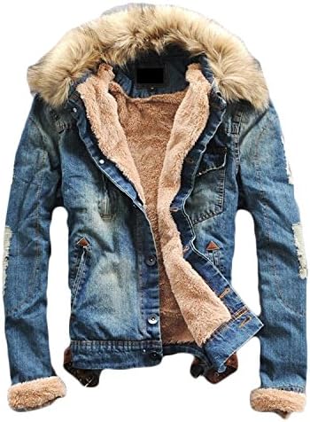 xiaoming Winter Men's Faux Denim Fur Thick Washed Slim Blue Collar Fleece Figure