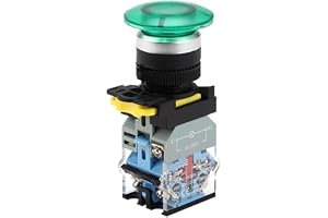 1pc 22mm Mushroom Head Push Button with Green LED Light Illuminate 1NO/1NO1NC Power Control Switch Momentary/Latching IP65(1NO,Latching_220V 5A)