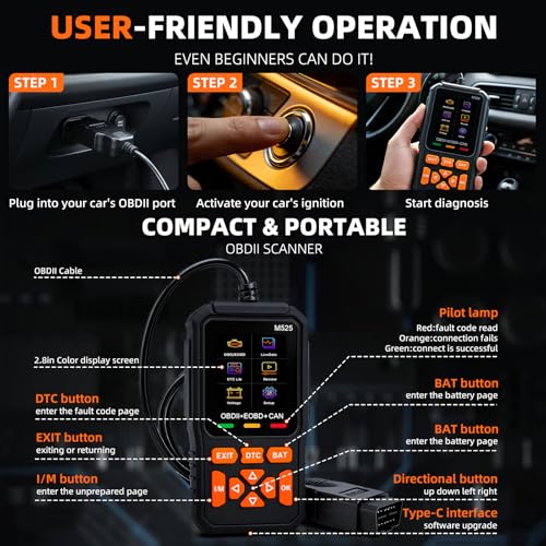 OBD2 Car Diagnostic, OBD2 Italian Diagnostic Error Car Engine OBDII EOBD Diagnosis Testing Battery and I/M Readiness Car Emissions with OBD2 Functions, 13 Languages Supported for All OBDII Vehicles