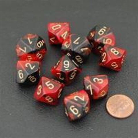 Chessex Dice Sets: Gemini Black & Red with Gold - Ten Sided Die d10 Set (10)