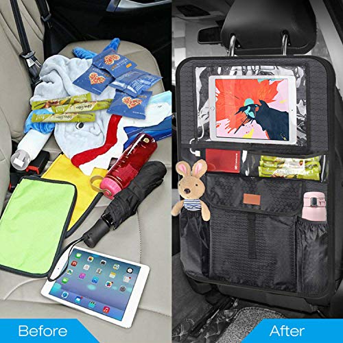 Backseat Car Organizer Kick Mats with 4pcs Headrest Hooks Hangers, Waterproof Car Seat Back Protectors with Large Storage Pockets 12" Touch Screen Tablet Holder Great Travel Accessories (2 Pack)