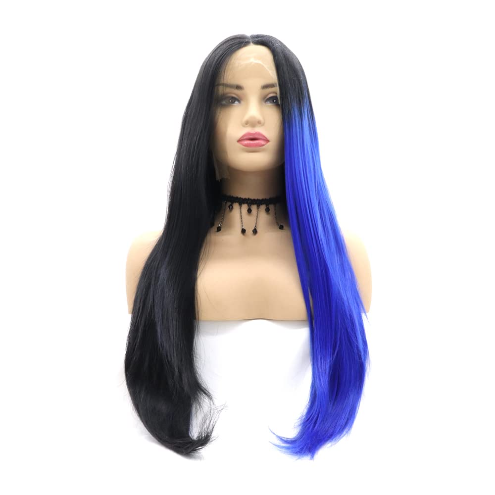 xiweiya long natural straight mermaid piano color black to blue synthetic lace front wig for women cosplay heat resistant fiber hair replacement wig — image 1