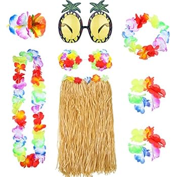 8 Pieces Hawaiian Hula Grass Skirt Set with Necklace Bracelets Headband Flower Bikini Top Hair Clip and Pineapple Sunglasses Party Decoration (Straw Color)