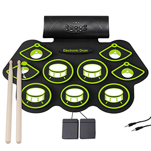 Electronic Drum Set - 9 MIDI Drum Practice Pads, Portable Roll Up Electric Drum kit with Headphone Jack, Built in Speaker and Battery, Drum Stick, Foot Pedals for Kids or Beginner