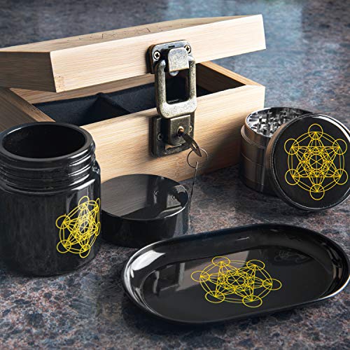 Stash Box Combo - Locking Wooden Box with Grinder, Rolling Tray, Smell Proof Glass Jar - Bamboo Box with Lock Accessories Kit - Metatron's Cube Design