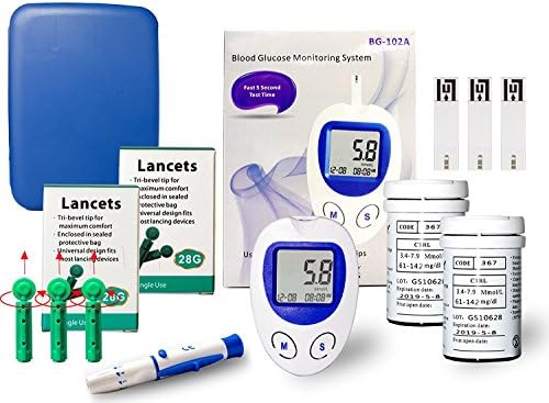 Home Use Sugar Monitor Device Blood Glucose Meter Kit With Test Strips Lancet Lancing Device Battery and Carrying Case for Diabetics (BG102A Glucose Meter)