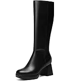 DOBOLIN Wide Calf Knee High Boots for Women, Square Toe Block Heel Tall PU Leather Fashion Boots
