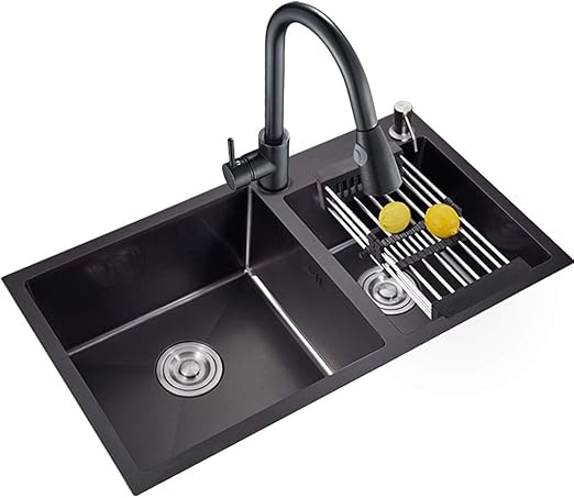 WQF Fregadero de baño Fregadero de Cocina Fregadero Doble Negro de Gran