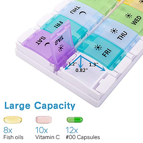 Weekly Pill Organizer - AM PM Pill Case, Extra Large Push Button Pill Box, 7 Day Medication Organizer, BPA-Free Vitamin Container, Daily Pill Case Box for Vitamins Fish Oil Supplements - Twice-a-day