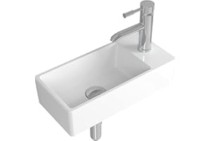 Albriya Bathroom Ceramic Washbasin and Faucet Combo White Small Sink Wall Mount Sink Corner Sink Set Chrome Pop-up Drain Included (Sink with Faucet & Drain)