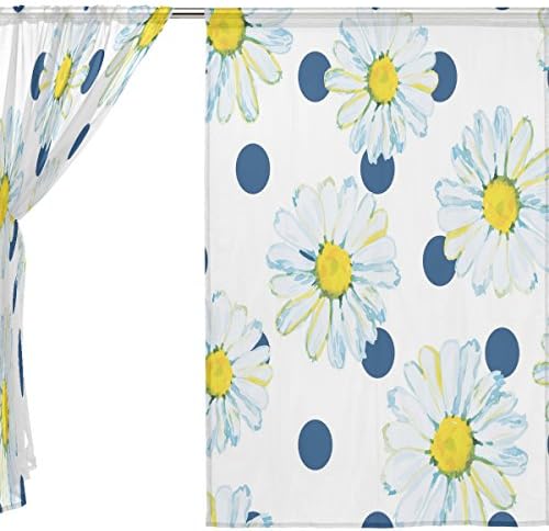 WHBAG 2 Piece Tulle Voile Window Room Decoration Semi Sheer Curtain,Watercolor Little Daisy Flower Blue Polk Dot,Gauze Curtains Living Room Bedroom Tie Top Curtain 55x78 inch Two Panels Set