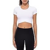 Lavento Women's Crewneck Short-Sleeve Cropped T-Shirts - Crossover Workout Yoga Crop Tops