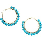 Rockyu Womens Natural Stone Turquoise White Moonstone Hoop Earrings Gold Wire Wrap Big Earrings Gift Birthday Christmas