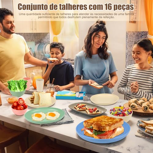 Kit 16 Conjunto de Louça de Palha de Trigo, Conjuntos de Pratos e Tigelas de Plástico Inquebráveis, Conjunto de Louça Inquebrável para 4, Pratos de Jantar Reutilizáveis e Seguros