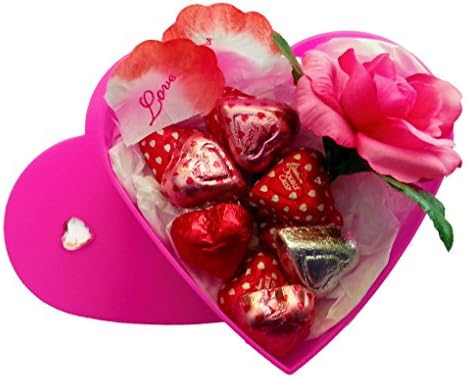 Valentines Day Heart Gift Box with Chocolate and a Rose for Her (Hot Pink, SM)