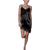 Womens Lace Satin Tank Tops Spaghetti Strap Asymmetrical Layering Cami Slip Dress Side Split Silk Nightgown