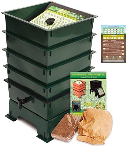 Worm Factory DS4GT 4-Tray Worm Composting Bin + Bonus "What Can Red Wigglers Eat?" Infographic Refrigerator Magnet - Vermicomposting Container System - Live Worm Farm Starter Kit for Kids & Adults