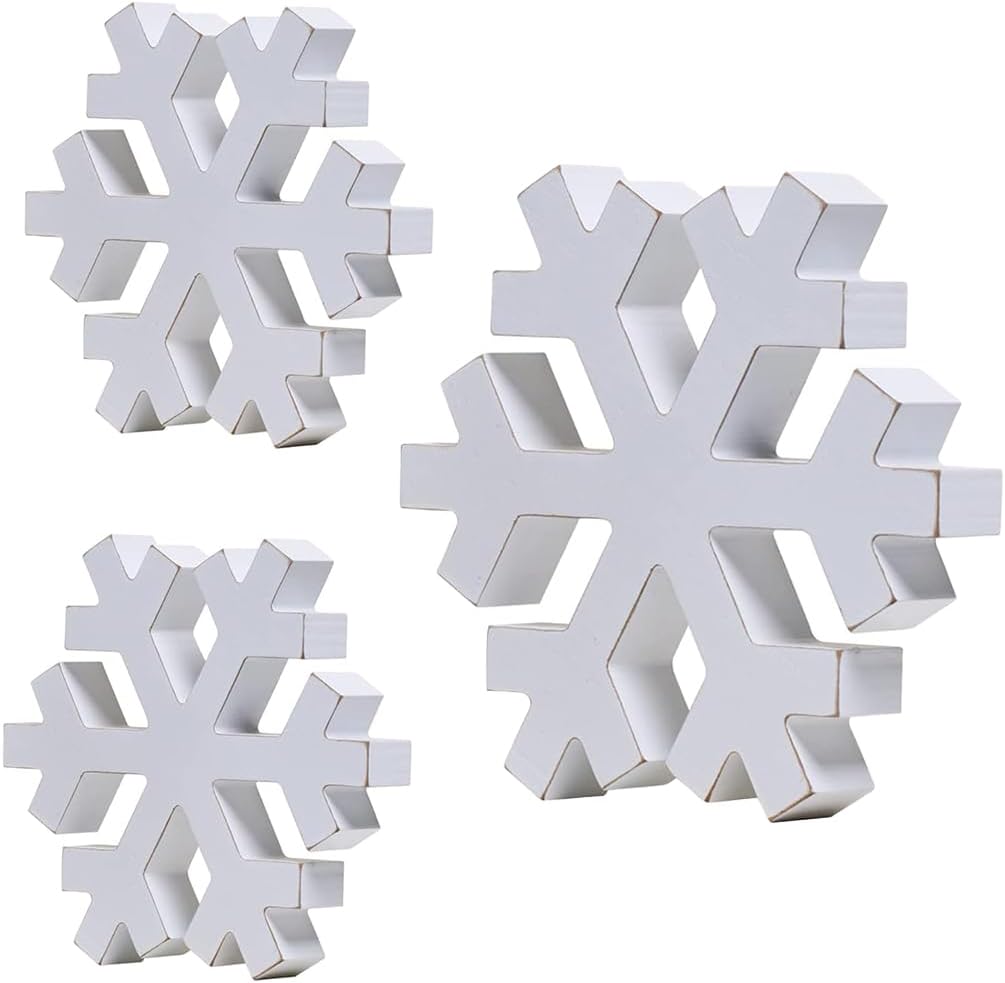Artificial Snow - 3 Pcs Christmas Country Snowflake Decorations - White Distressed Snowflake Farmhouse Christmas Decor Photo Props Outdoor Indoor Snowflake Fireplace Decoration