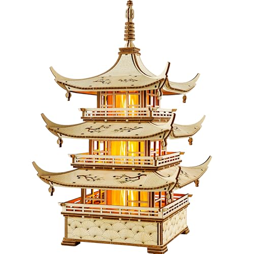 Wood Trick Harmony Tower Pagoda 3D Wooden Puzzles LED for Adults Delicate Engravings 2 Modes Lighting DIY Engineering Project Mechanical 3D Puzzle Model Kit