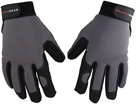 Galatia Gear Work Gloves- Durable Synthetic Leather Palm and Finger Tips, Flexible Double Layer Spandex Backing with Adjustable Elastic Wrist Strap- Black/Gray- [2X-Large]