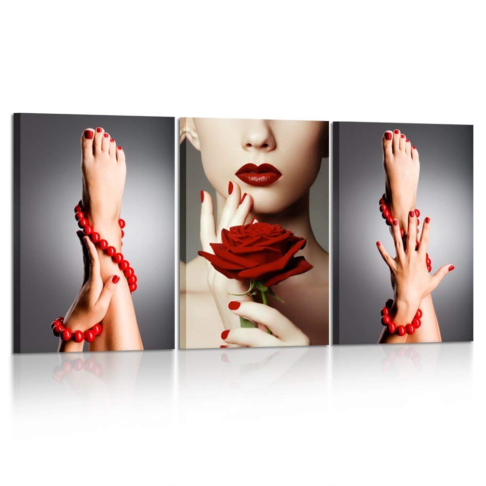 Kreative Arts 3 Piece Canvas Print Beauty Fashion Woman Portrait with Red Rose Flower Red Lips and Nails Wall Art Luxury Makeup and Manicure Poster Framed Art Work for Spa Salon Bathroom Walls Decor