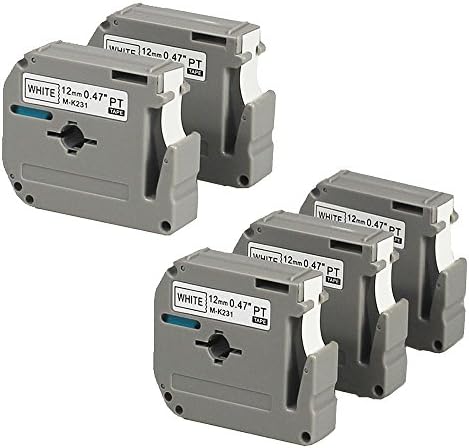 Royplus 5 Pack Compatible Brother P-touch M231 MK231 M-k231 Label Tapes 12mm(1/2-Inch ) Wide X26.2ft Length,Black on White Tape Cassettes for PT-65 PTM95 PT-90 PT70BM PT-70SR PT-80 Label Maker