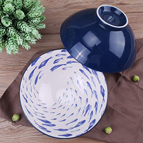 YALONG 40-Ounce 8 inch Porcelain Blue Serving Bowls for Soup Salad Ramen Pasta with Fish Design, Pho bowl Set of 4