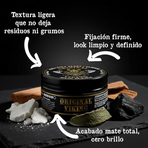 ORIGINAL VIKING | Cera MATE PREMIUM CON FÓRMULA COMPLETAMENTE NUEVA para Barba, Bigote y Cabello. Efecto Mate para un look moderno y casual, da textura a tu estilo, modelado preciso y duradero. Con Aroma Seductor, Sin sustancias dañinas, Vegano, Cruelty-Free. Atrévete y Conquístalo todo 120g