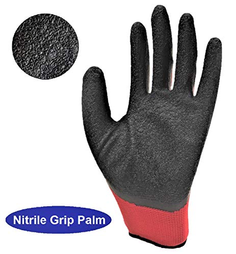 Nitrile Latex Rubber Palm Coated Safety Work Gloves, Nylon Knit, Textured Grip (10 Pair Pack, Red, Size 9 Large) - Thumbnail 3