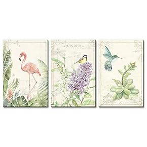 3 Panel Canvas Wall Art - Vintage Style Birds Flowers on Floral Background - Giclee Print Gallery Wrap Modern Home Art Ready to Hang - 16"x24" x 3 Panels