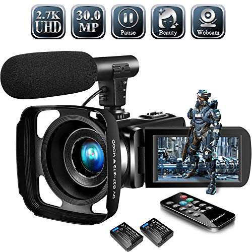 Video Camera Camcorder,Vlogging Camera for Youtube 2.7K Full HD 30MP 18X Digital Video Camcorder with Microphone, Lens Hood,2 Batteries