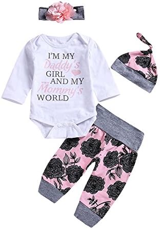 Baby Girl Clothes Daddy's Girl Mommy's World Long Sleeve Bodysuit Tops Floral Pants Hat Headband 4 Pcs Outfits Set