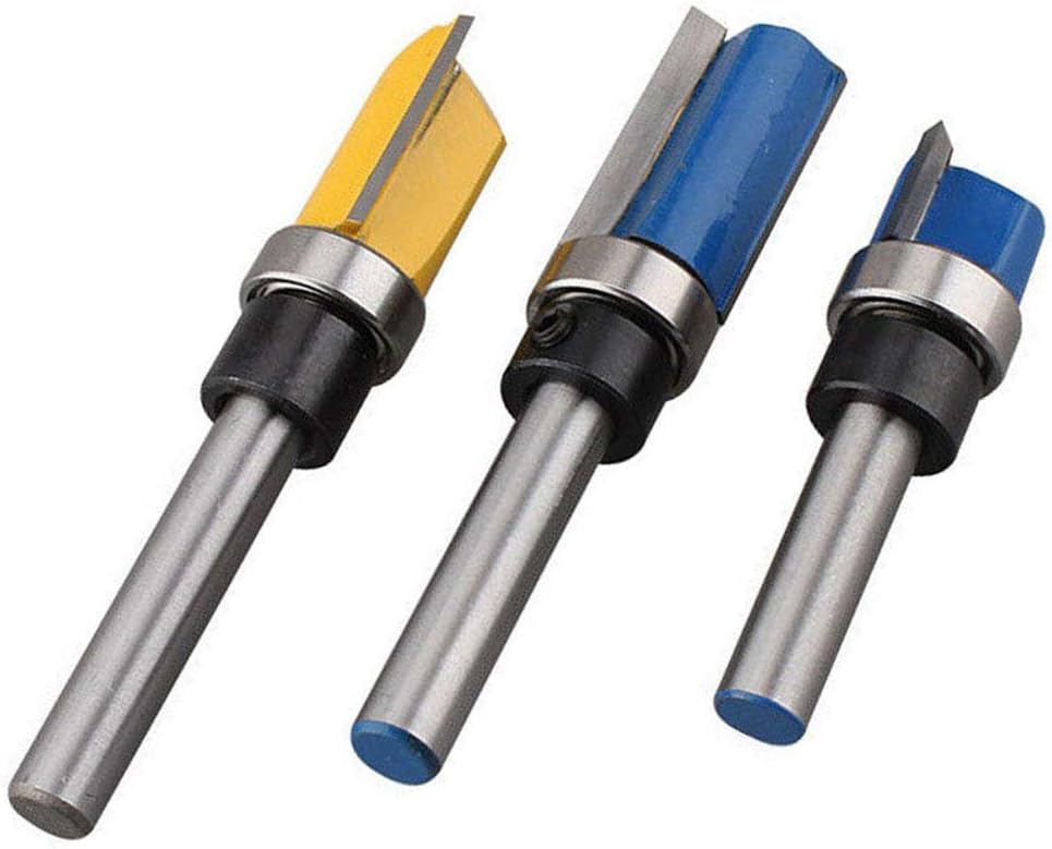 1/4'' Shank Bearing Top Flush Trim Pattern Router Bit, Milling Cutter Kit Set for Slotting, Trimming Assorted Set 3 PCS