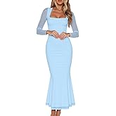 BORIFLORS Women's Ruched Bodycon Long Sleeve Maxi Dress Mesh Square Neck Cocktail Party Long Dresses