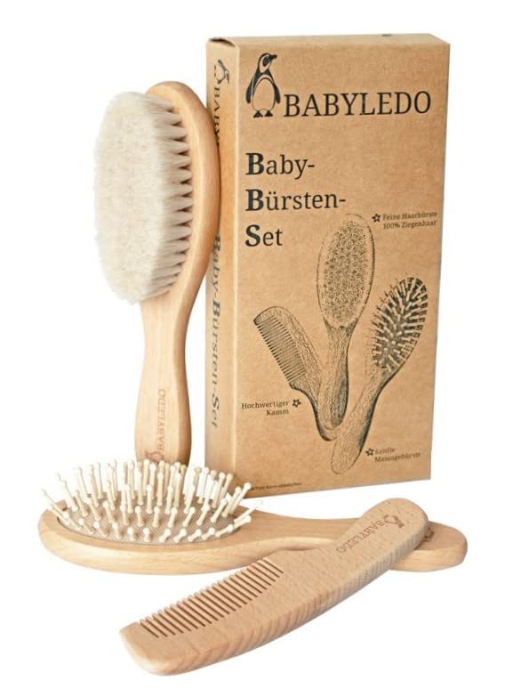 BABYLEDO Baby Brushes Set of 3 for Newborns and Toddlers, Hair Brush with Real Goat Hair, Massage Brush and Comb Made of Beech Wood, Ideal as a Gift, Includes Box