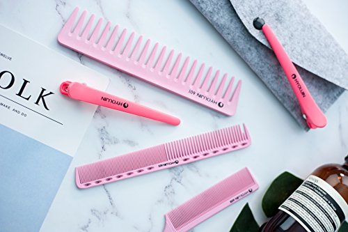 HYOUJIN 5in1 6ps Pink Professional Hair Styling Comb Set kit Beard Comb kit set & Heat-resistance w/Cutting Comb + Wide tooth comb + Pintail comb + 2 Hair Clips & Felt Pouch - Thumbnail 3