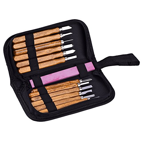TOOLTOO Wood Carving Knife Chisel Tools Kit – SK2 Carbon Steel Set With Red Oilstone and Storage Bag For Starter Professional, 12 PCS Pack