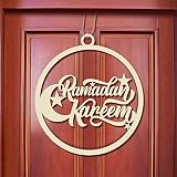 Queekay Wooden Ramadan Kareem Door Sign Round Hanging Islam Wall Pendant for Muslim Home Room Happy Party Supplies