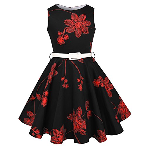 Girls Vintage Swing Dress with Belt Audrey Hepburn 1950s Style (Red Floral,Size 5-6)
