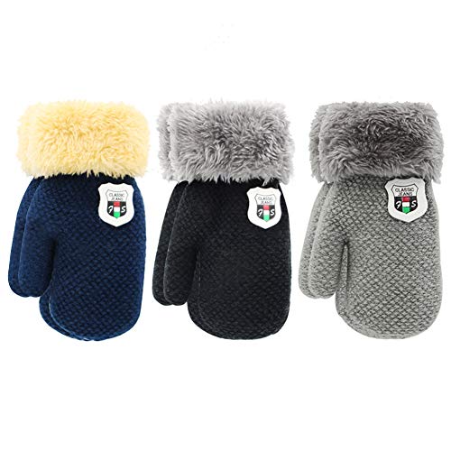 ORVINNER 3 Pairs Toddler Gloves Baby Boys Girls Winter Warm Sherpa Lined Knit Gloves Kids Mittens Black/Grey/Navy Pack - Thumbnail 7