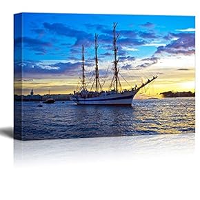 Canvas Prints Wall Art - A Sailing Ship Anchored in Neva River at Sunset, Saint Petersburg. | Modern Wall Decor/Home Decoration Stretched Gallery Canvas Wrap Giclee Print & Ready to Hang - 12" x 18"