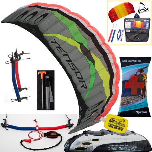 Prism Tensor 5.0 Power Foil Kite (Silver) 3-Line Control Bar Traction Trainer Bundle: Includes FREE 2ND Kite : HQ Symphony Beach II 1.3M Foil Kite + Prism Kite Repair Kit + WBK Kiteboarding Key Fob Accessory Snow Traction