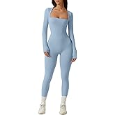 QINSEN Womens Sexy Square Neck Long Sleeve Full Length Leggings Bodycon Stretch Jumpsuit